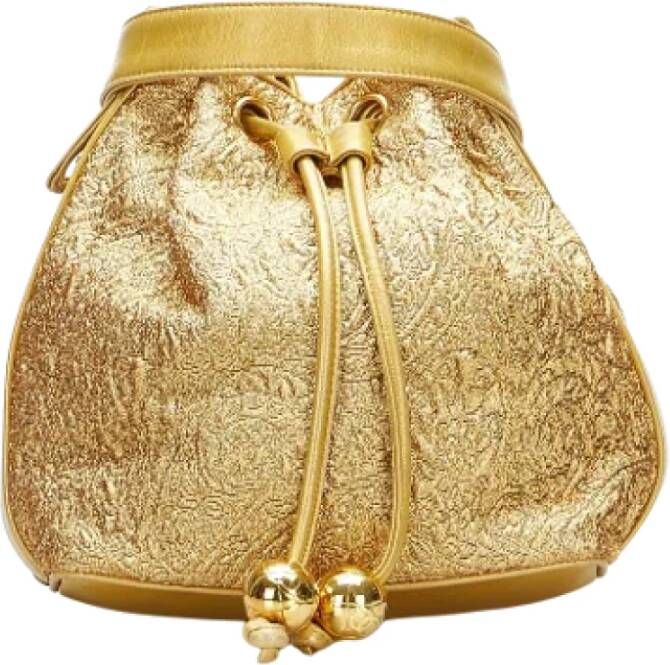 Chanel Vintage Gouden Zijden Emmer Tas met Leren Afwerking en Kettingriem Yellow Dames