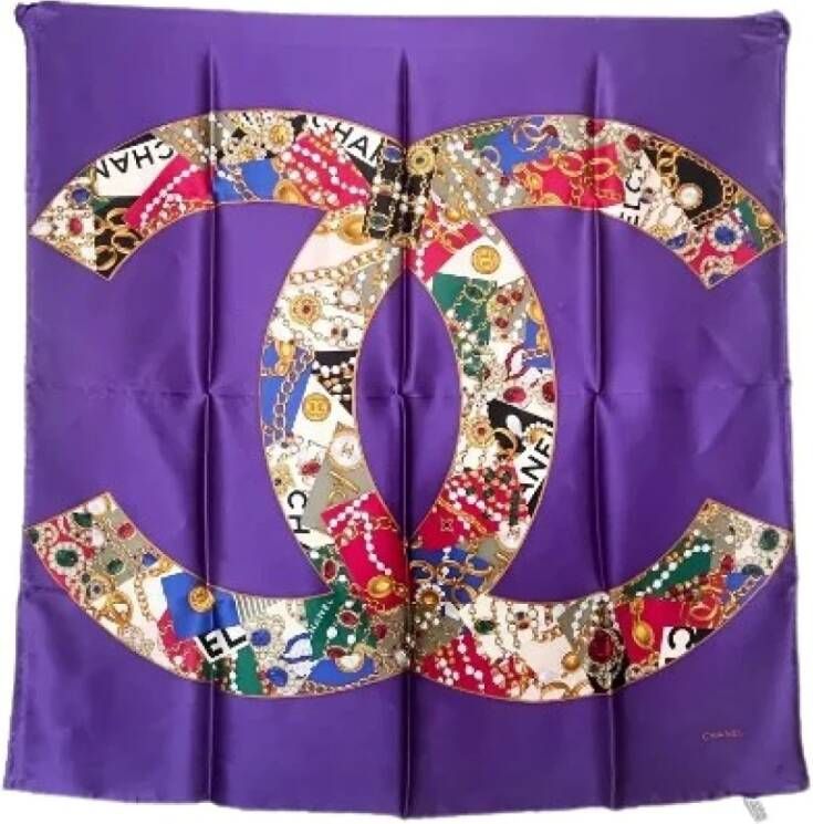 Chanel Vintage Kleurrijke Parel Zijden Sjaal Purple Dames