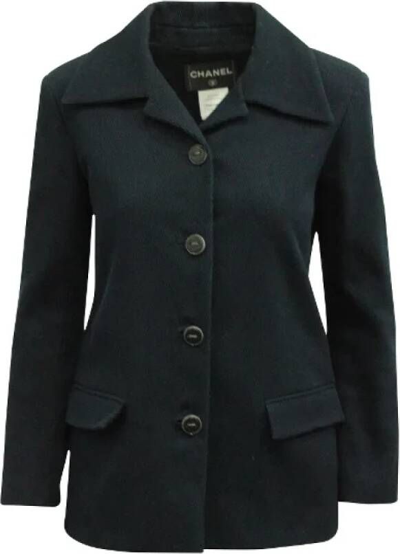 Chanel Vintage Navy Blue Wool Buttoned Blazer Blauw Dames