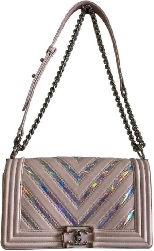 Chanel Vintage Roze Leren Schoudertas Roze Dames