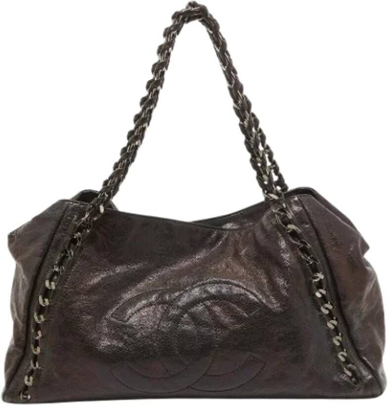 Chanel Vintage Stijlvolle Zwarte Leren Tote Tas Bruin Dames
