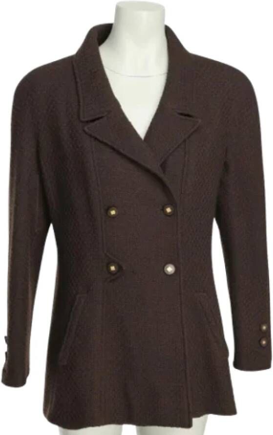 Chanel Vintage Tweedehands Bruine Dubbelrijige Wollen Jas Bruin Dames