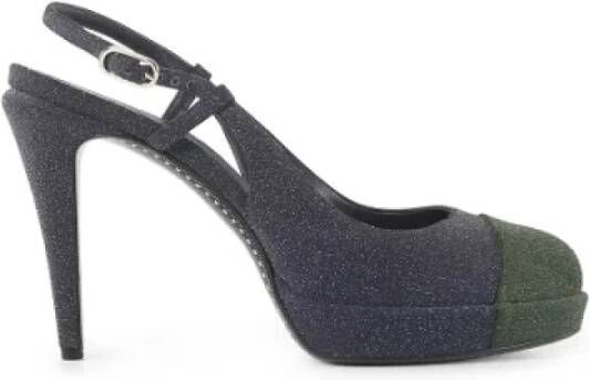 Chanel Vintage Tweedehands Marineblauwe en Groene Leren Pumps met Textuur Blauw Dames