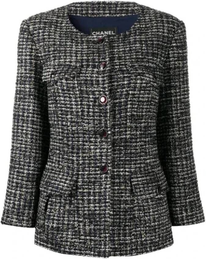 Chanel Vintage Tweedehands Marineblauwe Mohair Wolmix Chanel Jas Grijs Dames