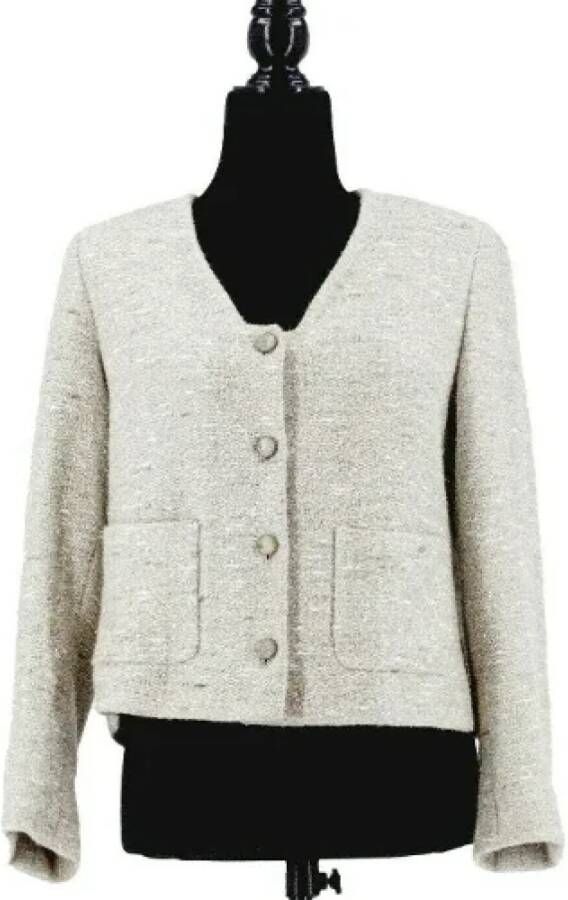 Chanel Vintage Tweedehands Metallic Tweed Jas Grijs Zilver Wit Maat S Wit Dames