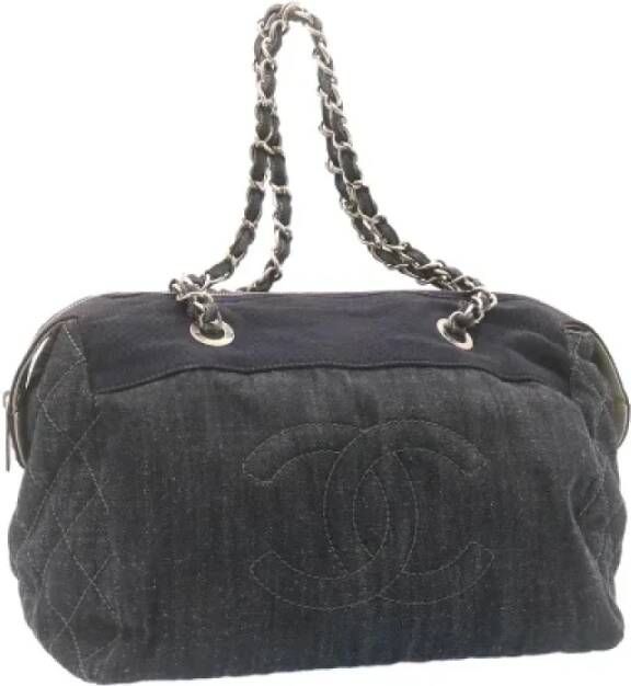 Chanel Vintage Tweedehands Navy Canvas Tote Tas Blauw Dames