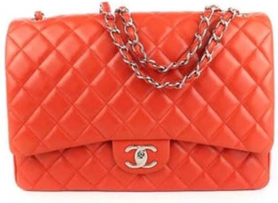 Chanel Vintage Tweedehands Rode Koraal Leren Maxi Doubleflap Schoudertas Oranje Dames