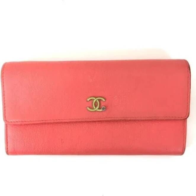Chanel Vintage Tweedehands Roze Leren Chanel Portemonnee Roze Dames