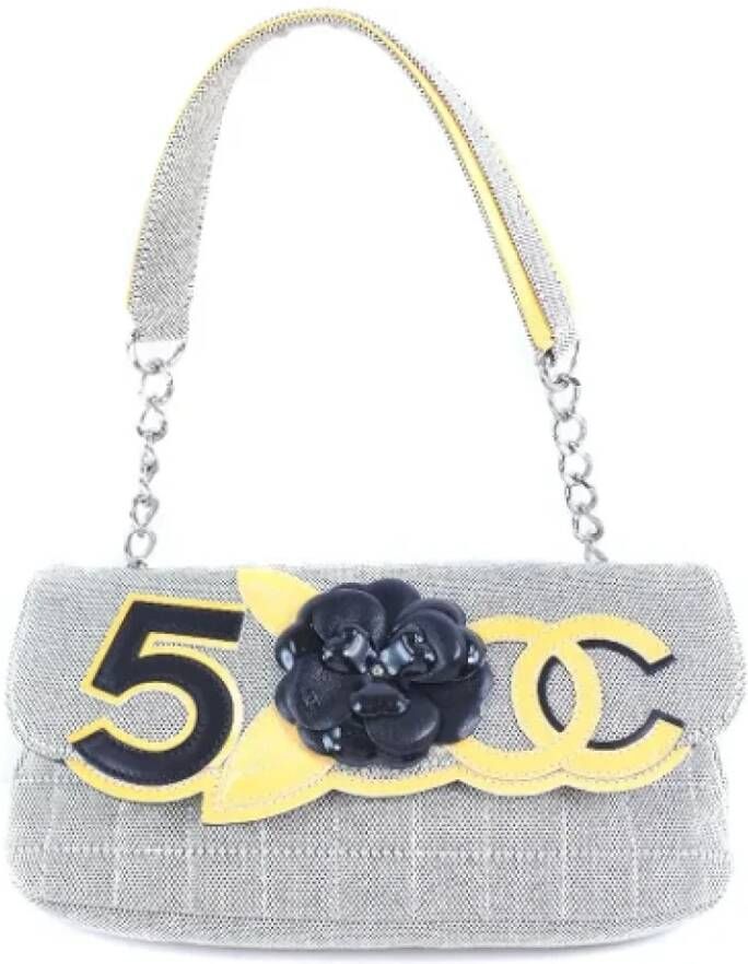 Chanel Vintage Tweedehands Schoudertas Grijze Canvas Camellia Grijs Dames