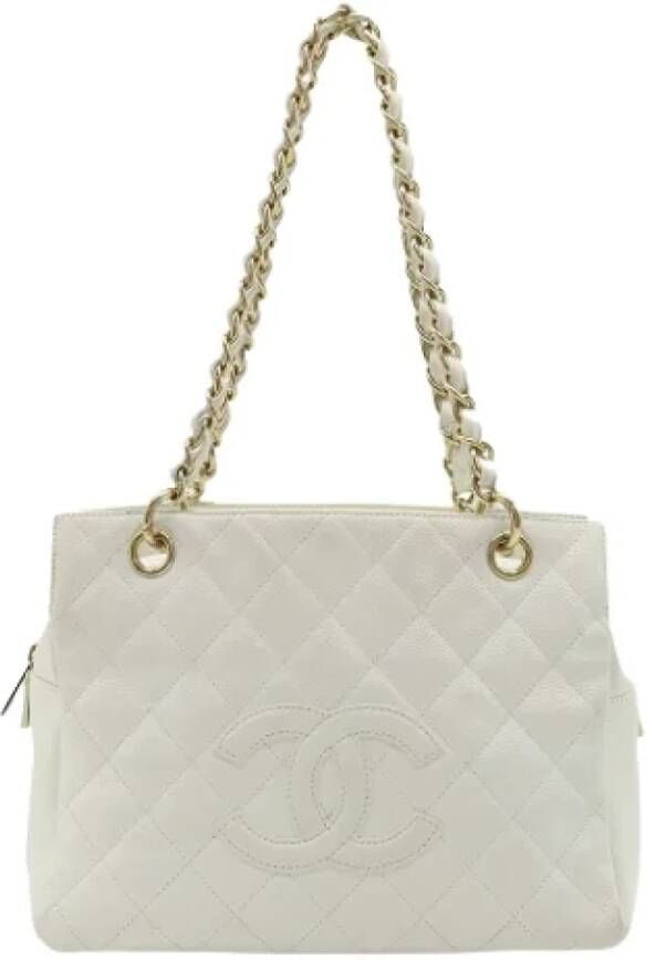 Chanel Vintage Tweedehands Witte Leren Shopper White Dames