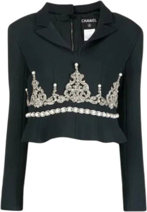 Chanel Vintage Tweedehands Zwarte Blazer met Witte Strass Steentjes en Nep Parels Zwart Dames