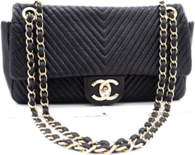 Chanel Vintage Tweedehands Zwarte Leren Chanel Schoudertas Zwart Dames
