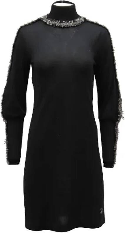 Chanel Vintage Tweedehands Zwarte Tweed Jurk met Hoge Hals Zwart Dames