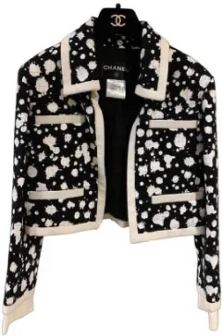 Chanel Vintage Zijden Jas Zwart en Wit Tweed Verkort Afneembare Manchetten Zwart Dames