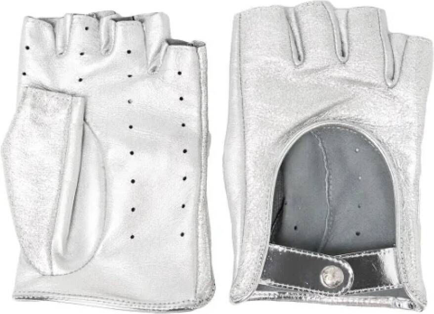 Chanel Vintage Zilveren Leren Vingerloze Handschoenen Grijs Dames