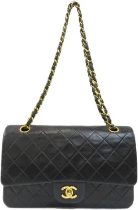 Chanel Vintage Zwarte Leren Schoudertas Zwart Dames