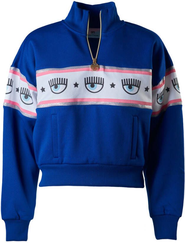 Chiara Ferragni Collection Gecropte Katoenen Sweatshirt met Glitterstrepen Blue Dames