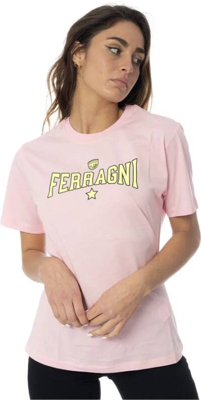 Chiara Ferragni Collection Lang Roze T-Shirt met Geel Logo Pink Dames