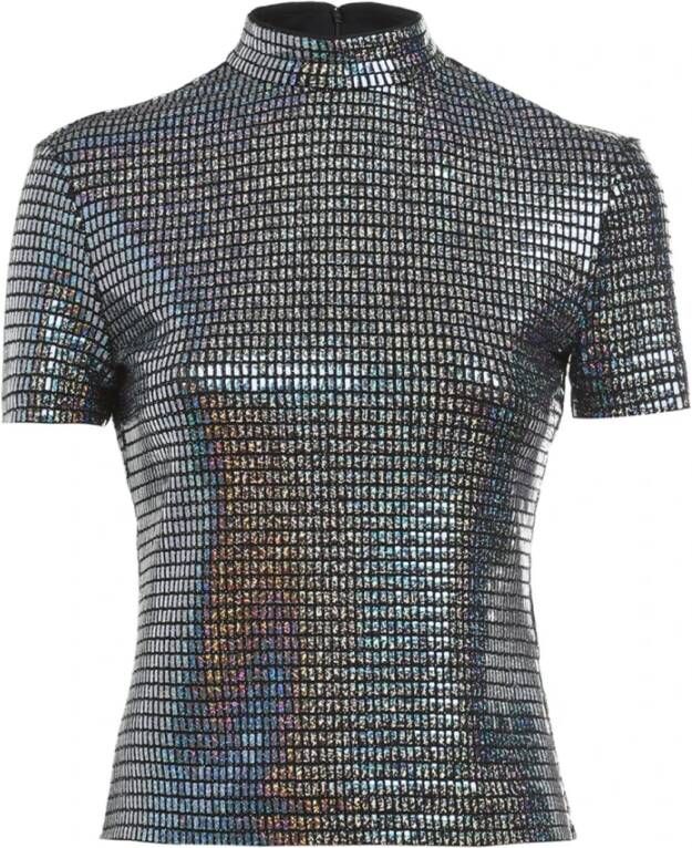 Chiara Ferragni Collection T-shirt collo alla coreana in lurex effetto specchio party donna 73Cbh601-J0038 Nero Zwart Dames