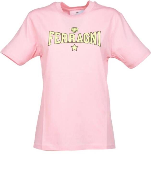 Chiara Ferragni Collection Lang Roze T-Shirt met Geel Logo Pink Dames