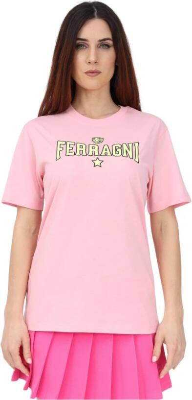 Chiara Ferragni Collection Lang Roze T-Shirt met Geel Logo Pink Dames