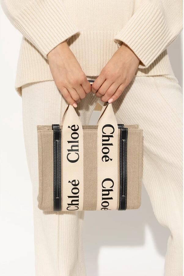 Chloé Linnen Tote Tas met Leren Details Beige Dames - Foto 9