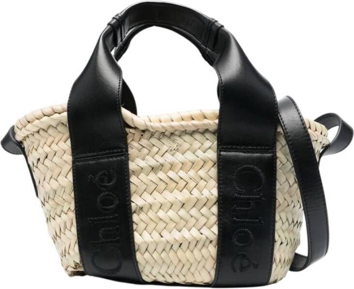 Chloé Zwarte Logo-Print Raffia Tote Tas Black Dames - Foto 9