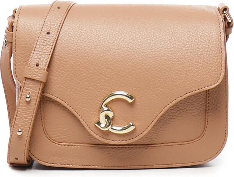 Coccinelle Leren schoudertas met logoklep Beige Dames