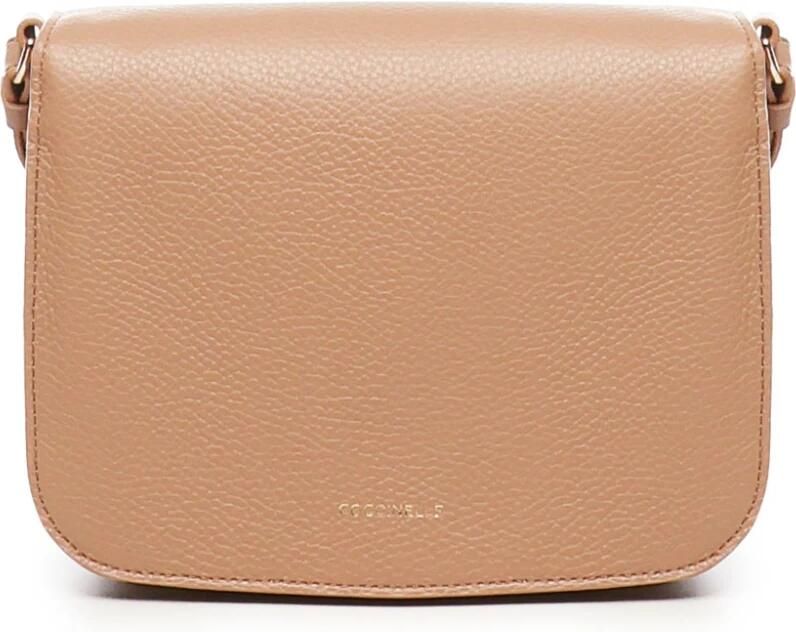 Coccinelle Leren schoudertas met logoklep Beige Dames - Foto 4
