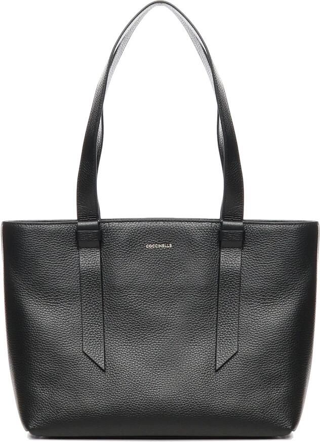Coccinelle Zwarte Leren Gehamerde Textuur Handtas met Logoprint Black Dames
