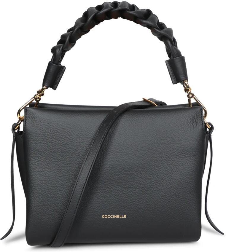 Coccinelle Zwarte schoudertas van geperst leer met gouden logo Black Dames