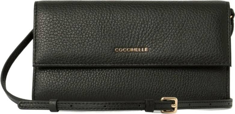 Coccinelle Zwarte leren portemonnee met schouderband Black Dames