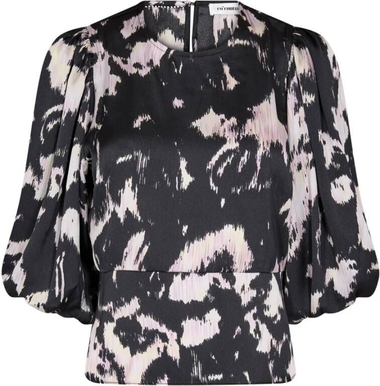 Co'Couture Elegante Zwarte Blouse met Pofmouwen en Grafische Print Zwart Dames