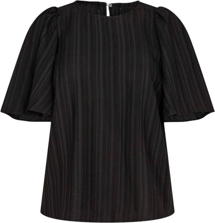 Co'Couture Elegante Enya Blouse Korte Mouwen Ronde Halslijn Gestreept Patroon Black Dames
