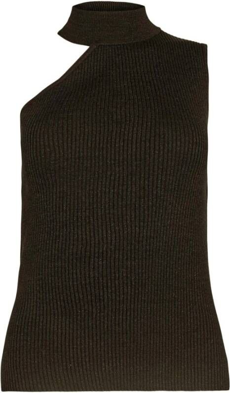 Co'Couture Trendy Off-Shoulder Rib Top met Glitterdetails Bruin Dames