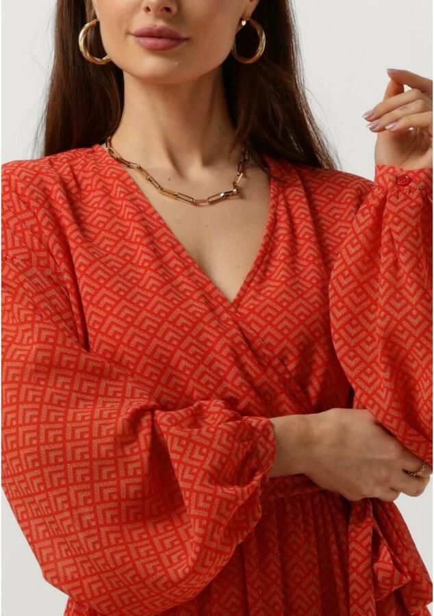 Colourful Rebel jurk Embla Small Geo Balloon Sleeve Midi Dress met grafische print en ceintuur oranje - Foto 3