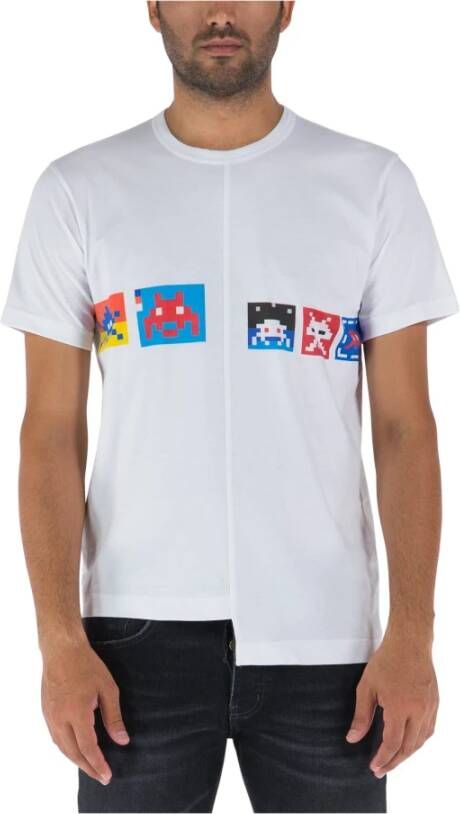Comme des Garçons Asymmetrisch Border T-Shirt met Pixel Print Wit Heren