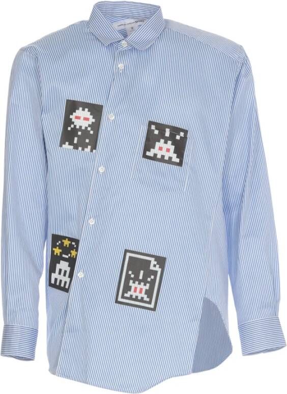Comme des Garçons Multicolor Gestreept Katoenen Overhemd met Videogame Pixel Print Blauw Heren