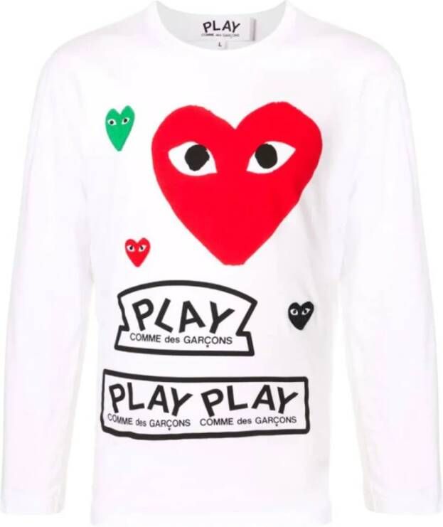 Comme des Garçons Play T-shirt met lange mouwen met rood hart en multicolor logos White Heren