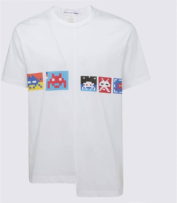 Comme des Garçons Asymmetrisch Border T-Shirt met Pixel Print White Heren