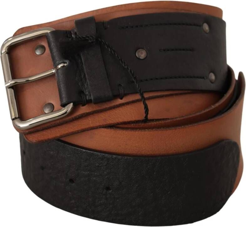 Costume National Black Brown Leather Silver Buckle Bruin Unisex