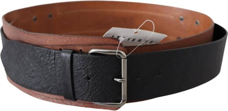 Costume National Black Brown Leather Wide Silver Buckle Belt Brown Unisex