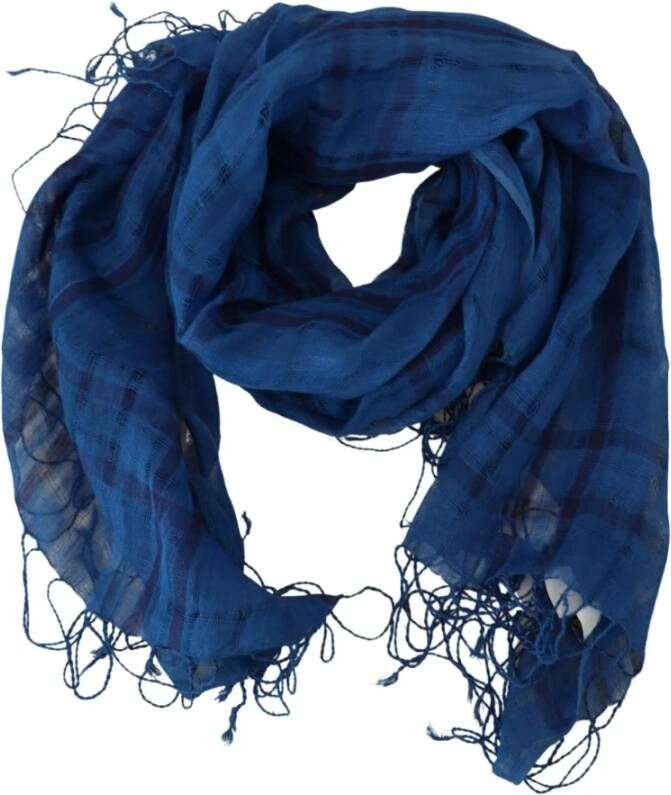 Costume National Blauw Geruit Linnen Sjaal met Franjes Blue Unisex