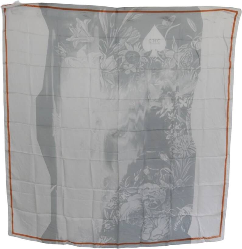 Costume National Grijs Oranje Zijden Bloemen Foulard Omslag Sjaal Grijs Dames