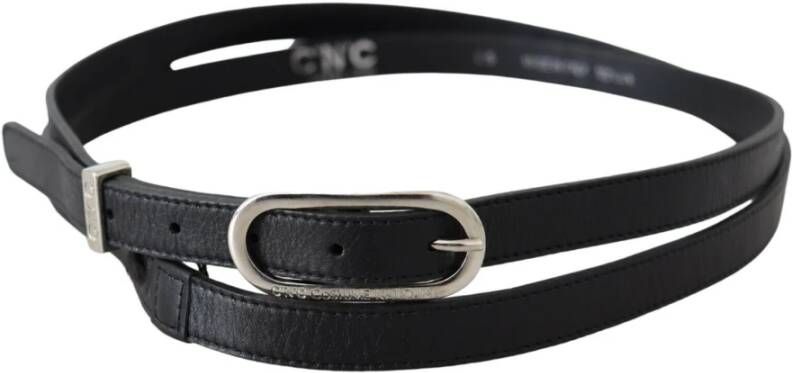 Costume National Black Leather Skinny Silver Buckle Belt Black Unisex