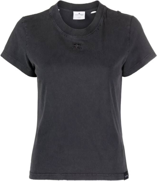 Courrèges Grijze Logo-Geborduurde Katoenen T-Shirt Gray Dames