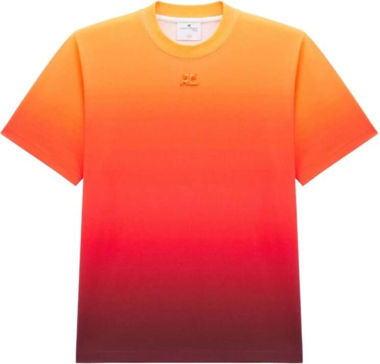 Courrèges T-Shirt met Gradient Logo Borduursel Oranje Dames