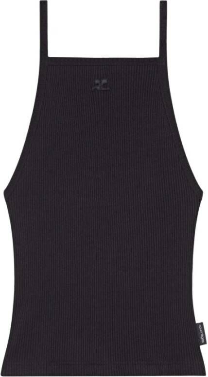 Courrèges Zwarte Geribbelde Tanktop met Logo Patch Zwart Dames