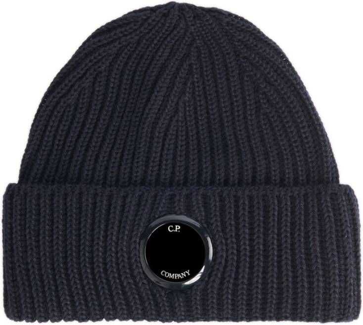 C.P. Company Middernachtblauwe Ribgebreide Hoed van Wol met Lensdetail Blauw Heren