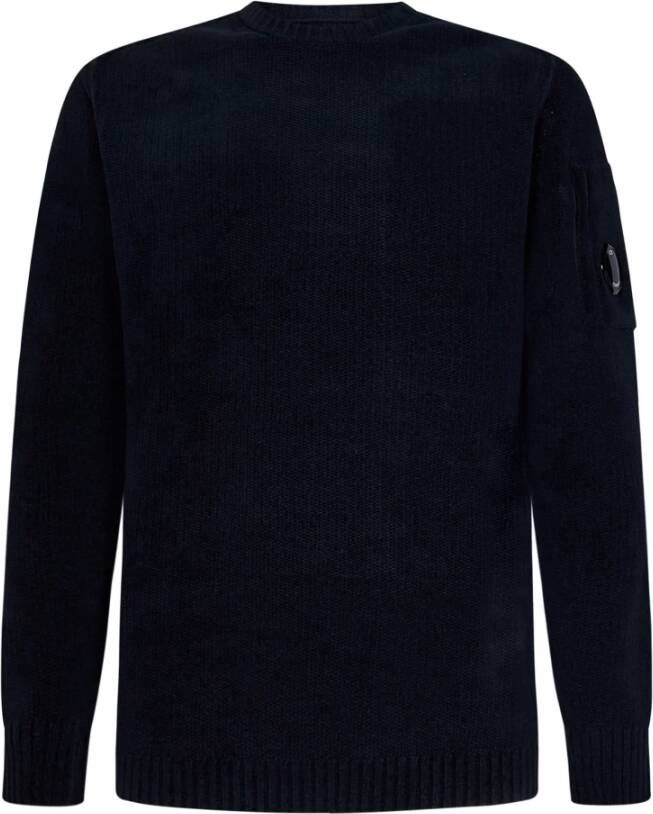 C.P. Company Blauwe Chenille Katoenen Crewneck Sweater met Lens Detail Blauw Heren